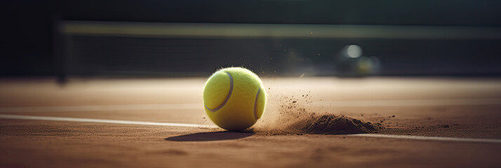 panorama of tennis ball is hitting the ground on a tennis court, professional shot, net in a backgro