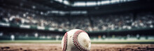 Panorama Baseball Stadium With A Baseball Ball Resting On The Center Of The Image, Supporters In A Stadium In Background, Design Banner For Your Text, AI