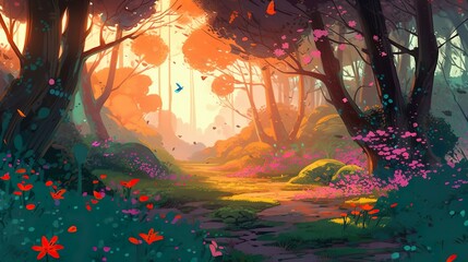 Wall Mural - Abstract background forest. A captivating illustration of a forest, brought to life with an abstract background and carefully designed banners. Generative AI.
