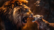 Lion and cub roaring in duel