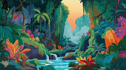 Wall Mural - abstract background waterfall in jungle forest. illustration of a majestic jungle waterfall surround