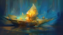 Painting, Sailing Boat At Sea. Small Boat Sailing Across The Ocean. Generative AI. Illustration For Banner, Poster, Cover, Brochure Or Presentation.