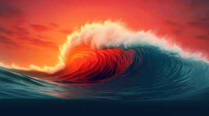 A big breaking ocean wave with white foam. Tropical sunset background. Sunset. Generative AI. Illustration for banner, poster, cover, brochure or presentation.