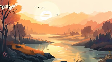Wall Mural - background sunset in the river valley. illustration capturing the serene beauty of a river valley an