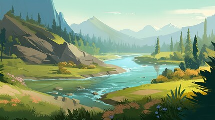 Wall Mural - Background river valley. The illustration captures the essence of a river valley presented on an abstract background with a carefully crafted banner. Generative AI.