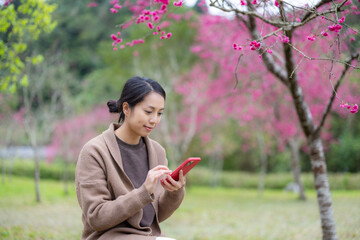 Poster - Woman use cellphone at park