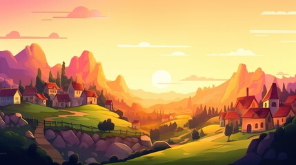 Wall Mural - Background village on a hill. A charming village on a hill comes to life with a beautifully designed banner against a scenic background. Generative AI.
