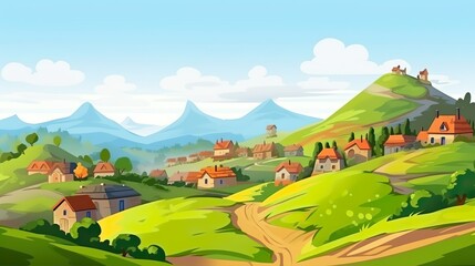 Wall Mural - Background village on a hill. A village on a hill with beautiful scenery and nature with an exciting banner on a scenic background. Generative AI.