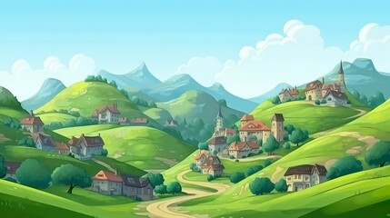 Wall Mural - Background village on a hill. The magical beauty of a hilltop village in an artistic image with a beautifully designed banner on a picturesque background. Generative AI.