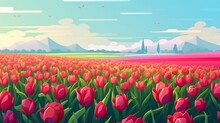 Abstract Background Field Of Tulips. Image Of A Huge Field Of Tulips Against The Background Of Mountains. Generative AI.