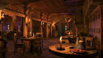 Poster - Wooden tables with food and drink in a fantasy medieval tavern, lit by flickering candlelight. Animation.