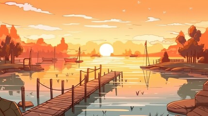 Wall Mural - background sunset on an island in the middle of the lake. banner design with a stunning sunset in th