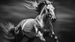 a black and white photo of a horse running in the wind.  generative ai