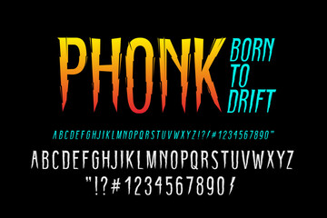 Phonk - Dark Lettering type font for tee print design. Y2k Trendy type font concept with Born To Drift print design. Scary Phonk Type Font template for drifting t-shirt print design