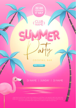 Summer disco party poster with 3D plastic text, palm trees and flamingo. Summer background. Vector illustration