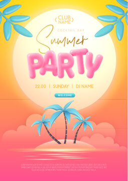 Summer disco party poster with 3D plastic text, island, palm trees and tropic landscape. Summer background. Vector illustration