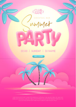 Summer disco party poster with 3D plastic text, island, palm trees and tropic landscape. Summer background. Vector illustration
