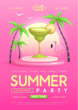 Summer cocktail disco party poster with 3D plastic margarita cocktail, palm trees and flamingo. Vector illustration