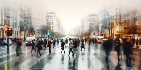 Wall Mural - Blurred business people walking in the city scape , panoramic view of people crossing the road 