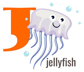 Sticker - J letter with jellyfish. English vocabulary card