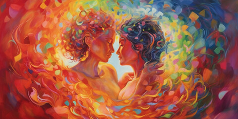 two women in love, representing lgbt pride day, abstract background with bubbles