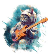Cat Playing Guitar In Spacesuit. A Cat With A Guitar Playing In Space, In The Style Of Hyper-detailed Illustrations, Starpunk.