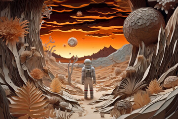 Aufkleber - An intricate paper-cut scene of an astronaut exploring a distant alien planet, with imaginative cutouts of extraterrestrial landscapes and creatures.  Generative AI technology.
