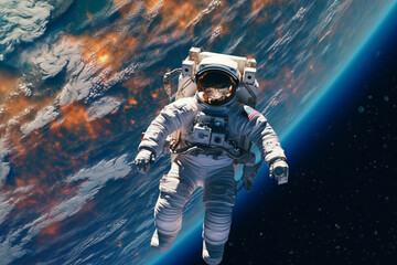 Poster - A delicate paper-cut representation of a spacewalk, with an astronaut floating outside the space station against a backdrop of stars and Earth. Generative AI technology.