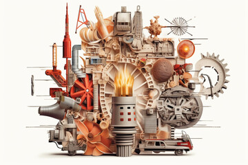Aufkleber - A stunning paper-cut collage of various elements, such as gears, arrows, and symbols, converging into a central lightbulb.  Generative AI technology.