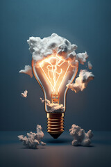 Poster - A delicate paper-cut artwork of a lightbulb surrounded by swirling clouds and lightning bolts, suggesting the dynamic and electrifying nature of innovative ideas. Generative AI technology.