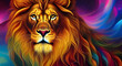 Impressive male lion head against a colorful background. Generative AI.
