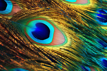 Poster - A close-up photograph of a peacock feather, with its iridescent colors and intricate patterns,  Generative AI technology.
