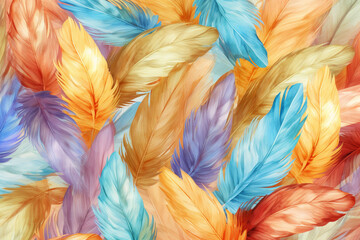 Poster - A watercolor-style feather background pattern texture, with soft and blended hues, resembling a delicate painting. Generative AI technology.