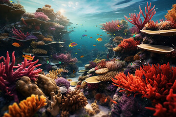 Aufkleber - A stunning underwater photograph of colorful coral reefs and marine life,  Generative AI technology.