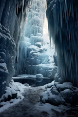 Poster - a frozen waterfall, with icicles suspended from its edges and the surrounding landscape covered in a glistening layer of ice. Generative AI technology.