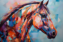 A Beautiful Horse, Modern Artwork, Abstract Colorful Painting With Geometric Shapes. Hand Drawn Digital Painting. Generative AI