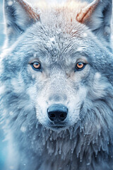 Aufkleber - a frozen wolf, with its fur covered in frost, capturing the intense and captivating gaze of this wild creature. Generative AI technology.