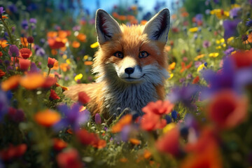 Poster - a curious fox peering through a patch of vibrant wildflowers, showcasing the beauty of nature and wildlife coexisting Generative AI technology.