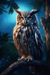 Poster - a wise and serene-looking owl, with its feathers blending seamlessly into a moonlit night sky, embodying mystery and wisdom. Generative AI technology.