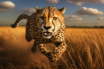 Fototapete - the stealth and agility of a cheetah as it hunts its prey across the African grasslands, embodying the essence of speed and precision.  Generative AI technology.