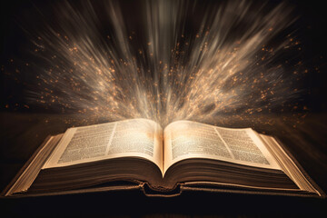 Poster - the Bible as a source of light and inspiration, with rays of light radiating from its pages. Generative AI technology.