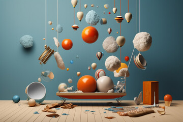 Fototapete - A surreal still life composition featuring everyday objects floating in mid-air, challenging the viewer's perception of gravity and the ordinary.  Generative AI technology.