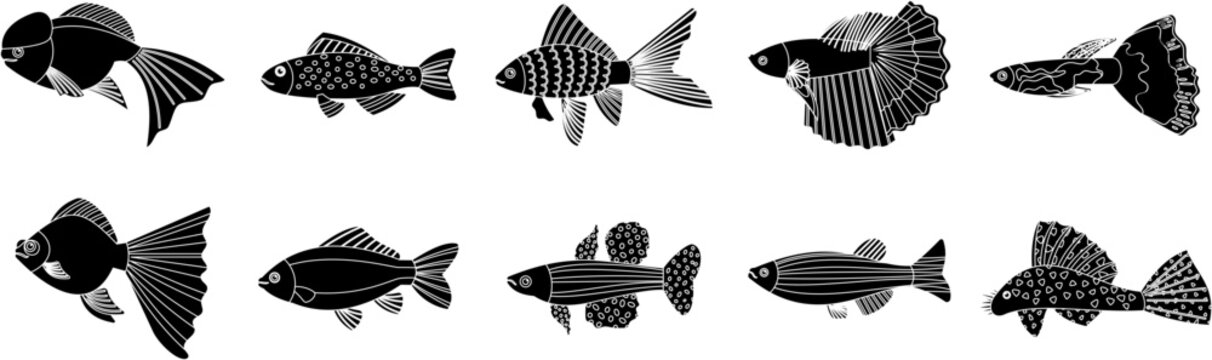 set of silhouettes of fish 