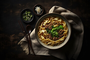 Wall Mural - Spicy red soup beef noodle in a bowl on wooden table