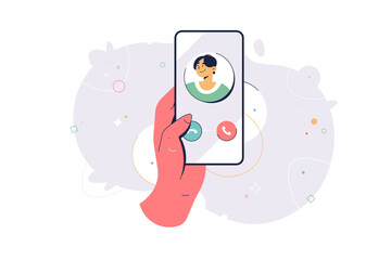 Wall Mural - hand holding smartphone and making phone call flat vector illustration. incoming call human hand hol