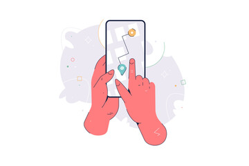 Poster - Hand holding phone and city map with gps navigation marker pins location on screen. Mobile tracking navigator pointer app. Flat vector illustration for web