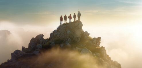 Wall Mural - Summit Conquerors. Group of alpinists on the top of the mountain. Adventure, teamwork, and triumph concept. AI Generative