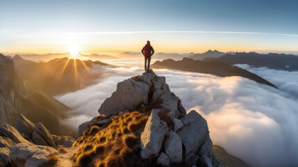 Wall Mural - Alpine Serenity. Silhouette of a hiker on an Alps mountain peak at sunrise dawn. Active life, travel, winter, trekking, nature concept. Sedimentary limestone rocks. AI Generative