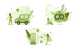 Fototapeta Pokój dzieciecy - sustainability illustration set. characters choose electric car and charging station to reduce air pollution and greenhouse gases. renewable energy concept. vector illustration.