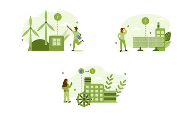 sustainability illustration set. characters can invent electricity from natural energy to reduce air pollution and greenhouse gases. green energy from natural concept. vector illustration.